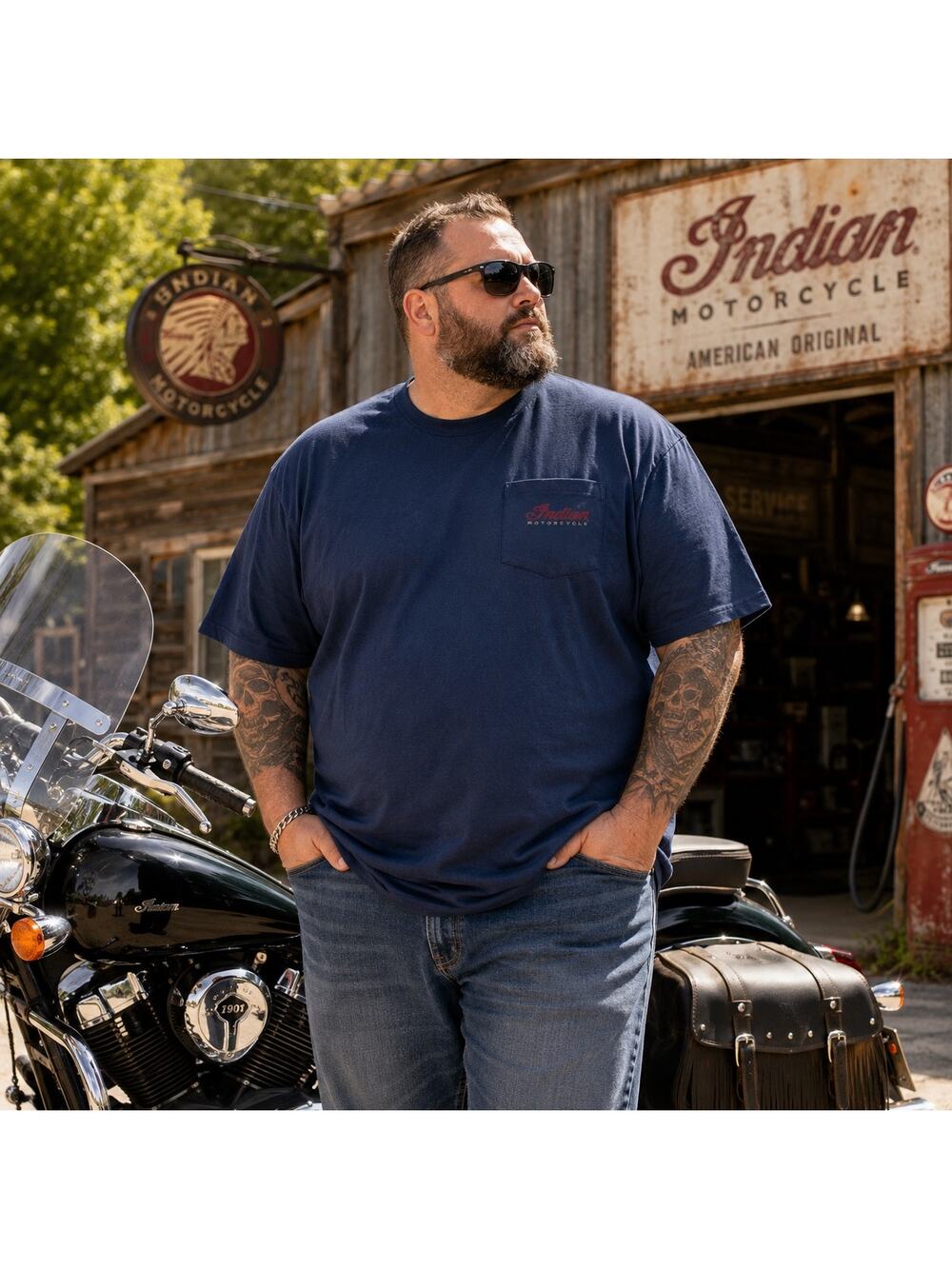Indian Motorcycle 5XL Big Tall Graphic Tee Navy Pocket American Original NWT